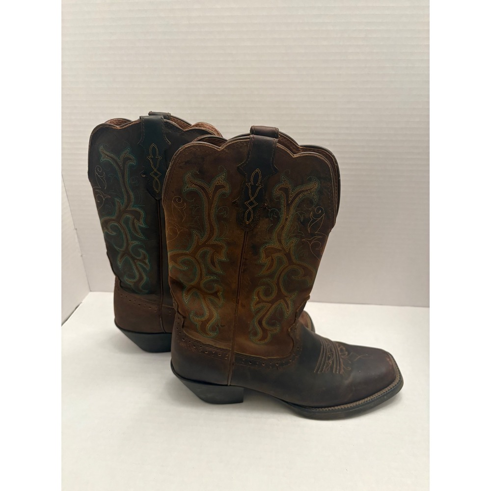 Justin‎ Brown Leather Square Toe Western Cowboy Boots with Teal Stitching